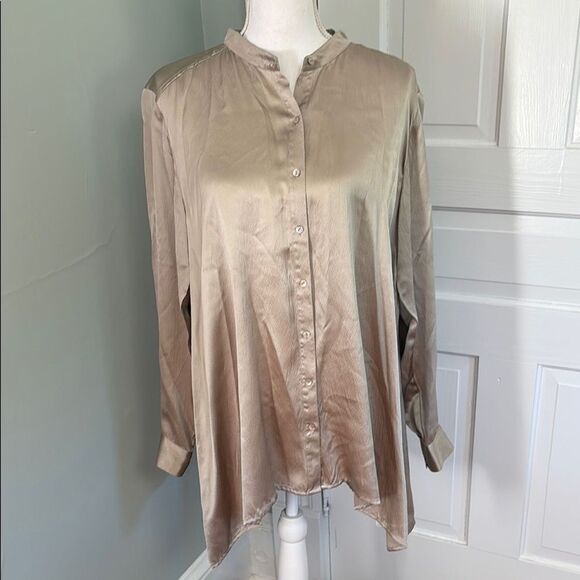 Eileen Fisher Hammed Gold Silk Elegant Tan Women's Blouse Medium Top Blouse - Picture 1 of 4